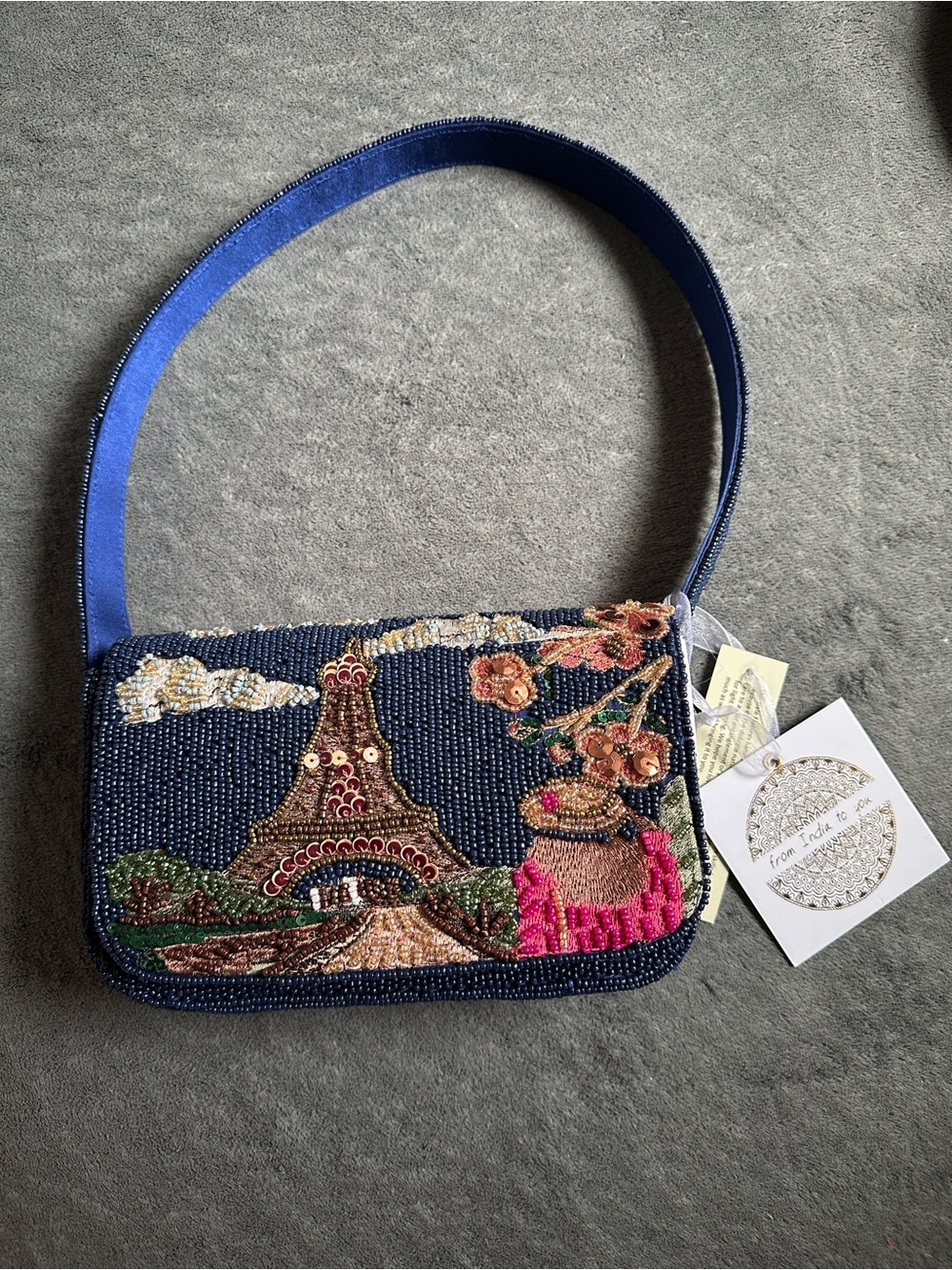 Beaded Navy Shoulder Bag with Paris Motif